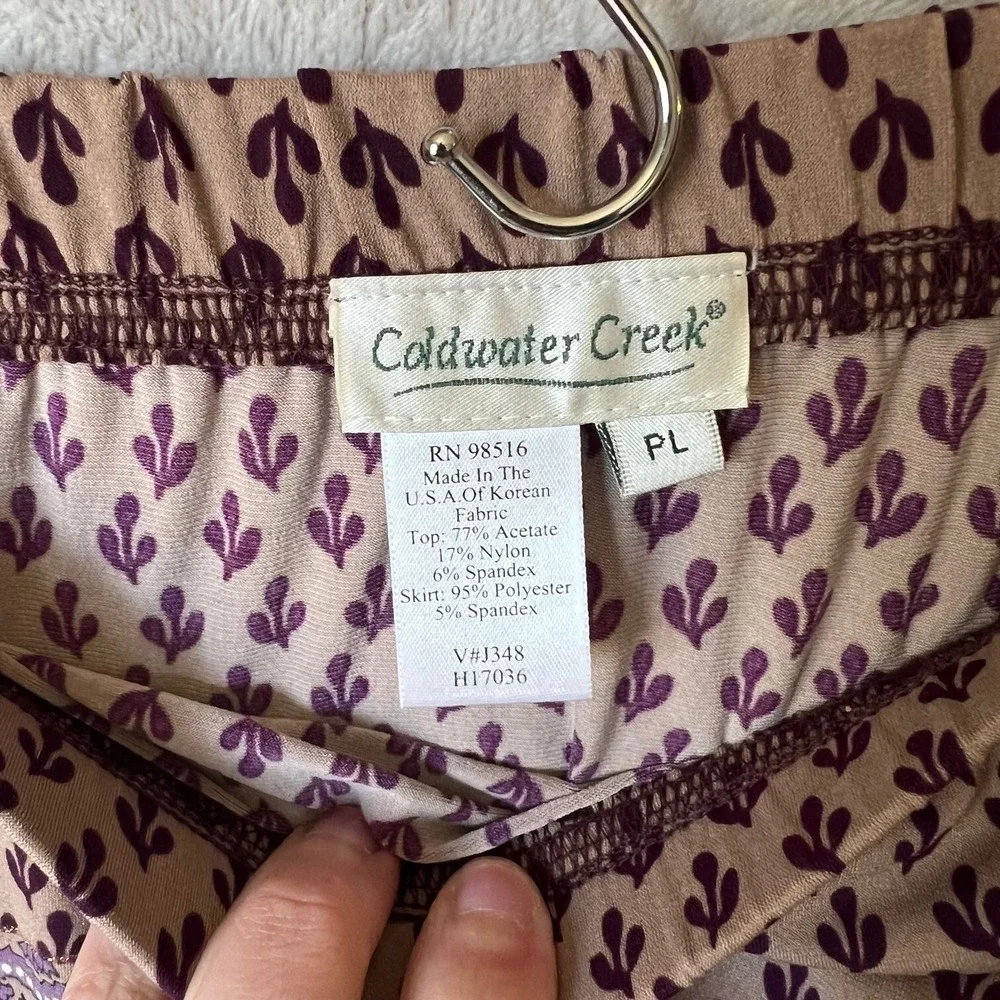 Coldwater‎ Creek Womens Maxi Skirt Sz PL Brown Purple Pull On Paisley Batik Slit